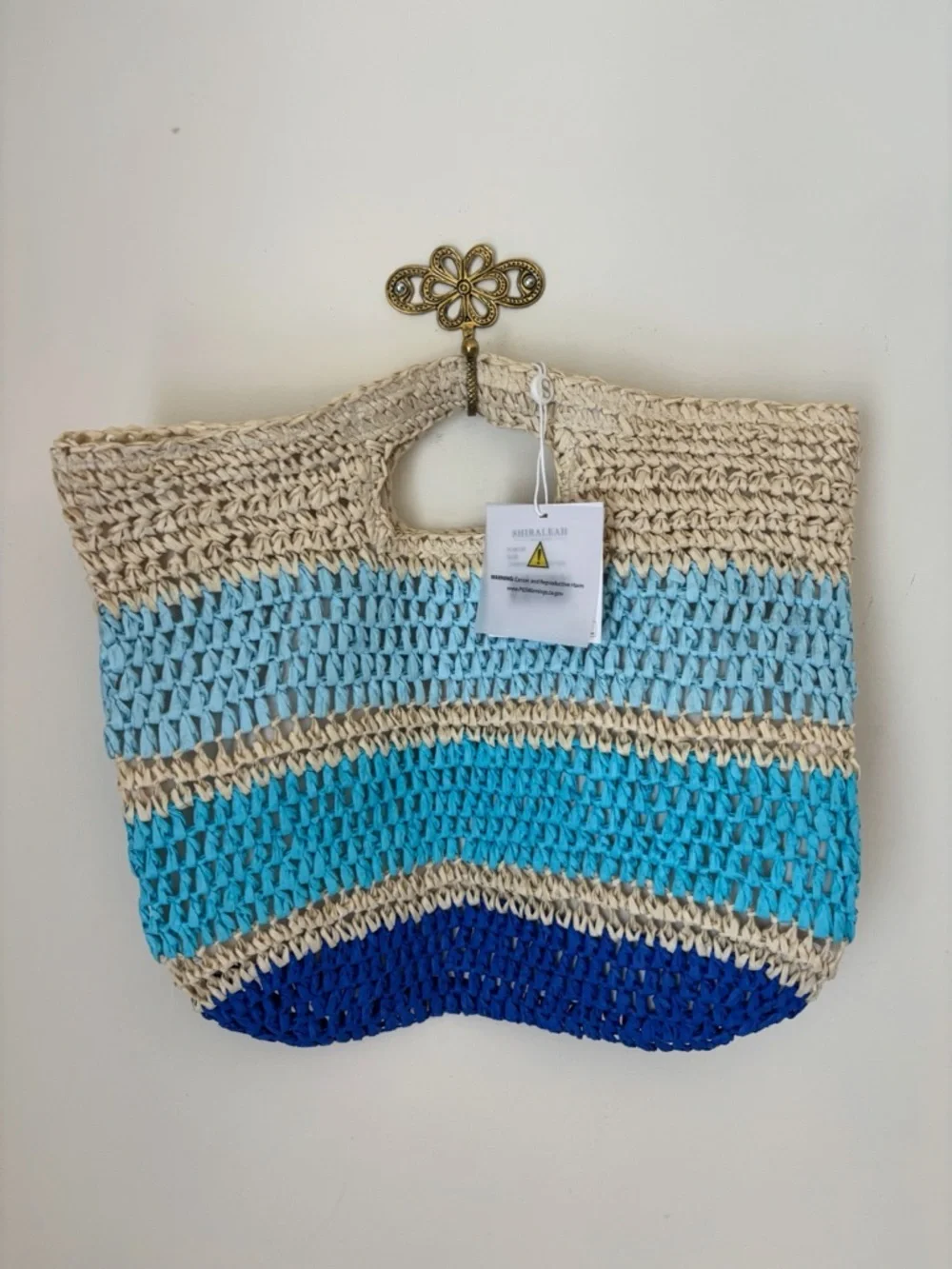 Shiraleah Carmend Blue Striped paper Straw Top Handle Bag 16 X 14 NEW NWT